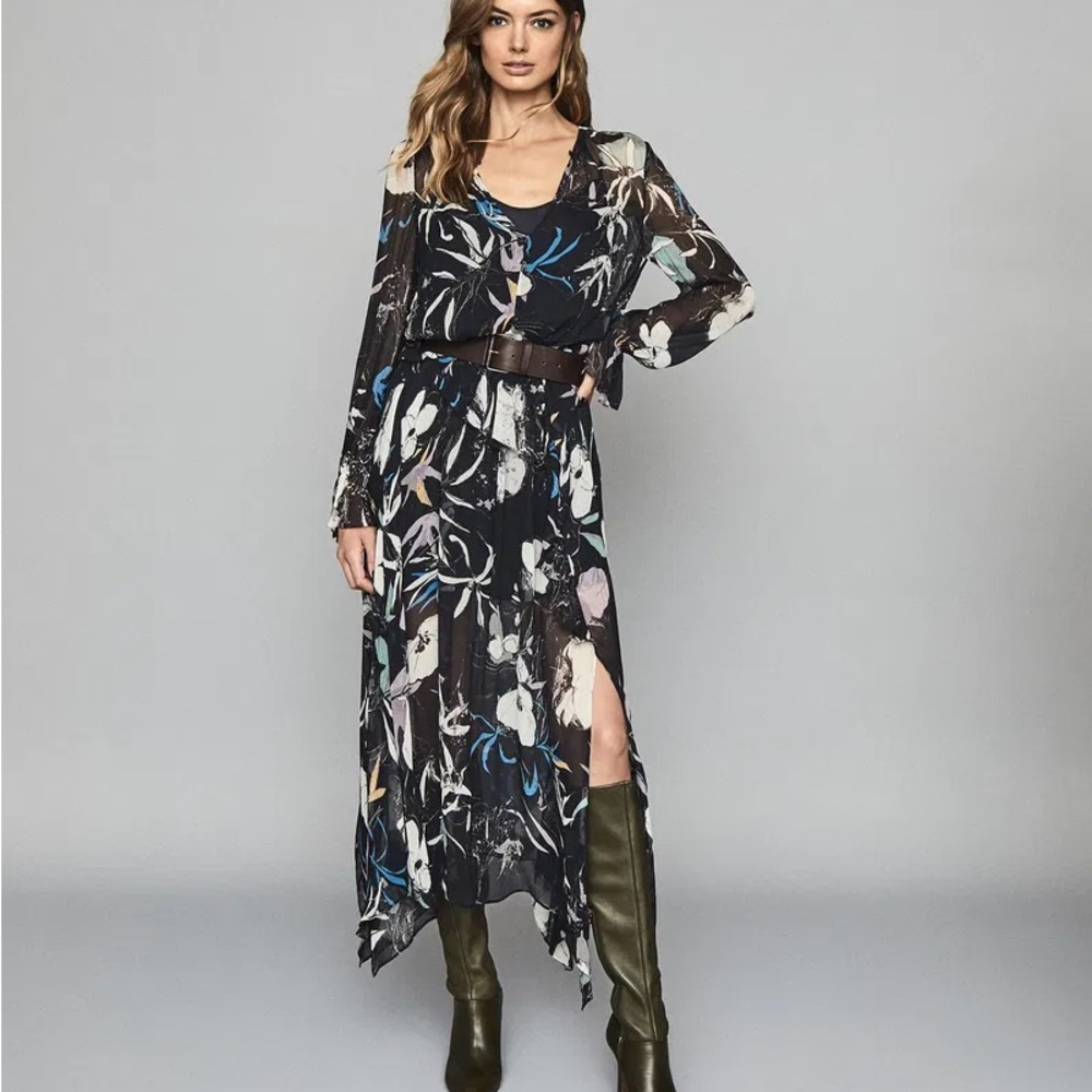 Reiss Navy and White Floral Maxi Dress with Undergarment